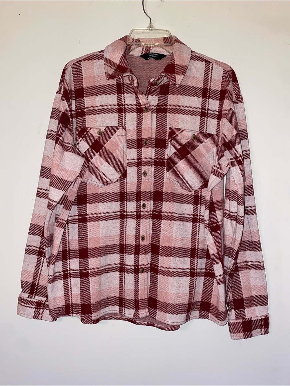 Plaid Button-Down Shirt Jacket in Burgundy and Light Pink